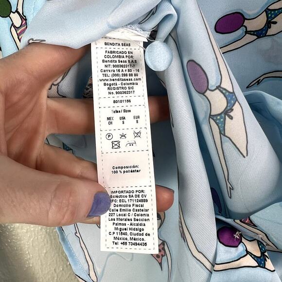 Bendita Seas Satin Long Sleeve Button Down Top Swimming Women Novelty SMALL - Picture 5 of 6